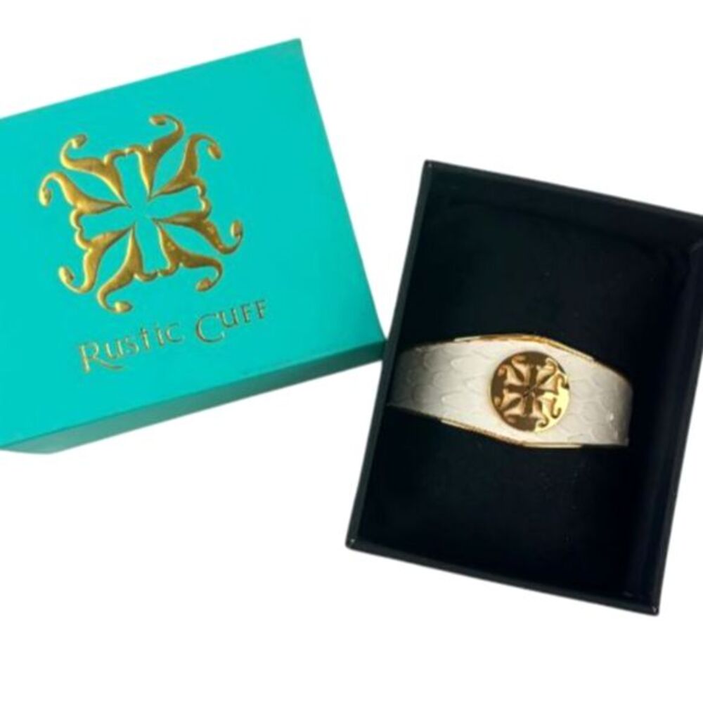 Rustic Cuff Monique Python White Leather Gold Tone Signature Cross Cuff